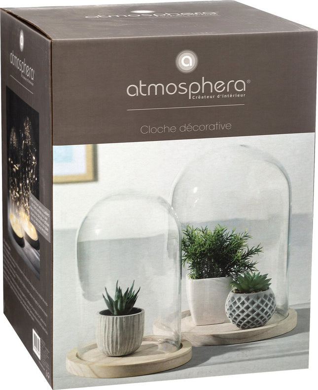 Home decoratie glazen stolp op houten plateau - glas/lichtbruin - D23 x H29.5 cm