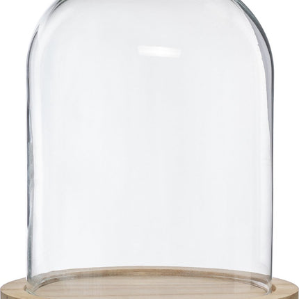 Home decoratie glazen stolp op houten plateau - glas/lichtbruin - D23 x H29.5 cm