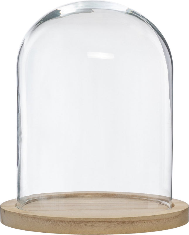Home decoratie glazen stolp op houten plateau - glas/lichtbruin - D23 x H29.5 cm