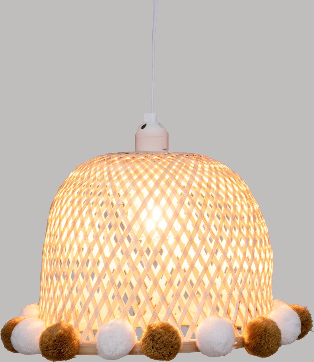 Lampe enfant / Suspension bambou avec pompons - Ø28xH20cm
