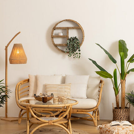 Atmosphera Wandplank/wandbord Aria - bruin - riet - Ibiza stijl - 3 plankjes - D58 x 12 cm