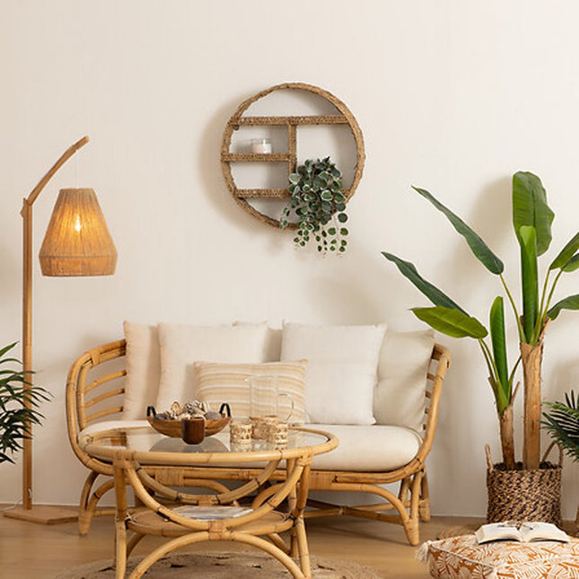 Atmosphera Wandplank/wandbord Aria - bruin - riet - Ibiza stijl - 3 plankjes - D58 x 12 cm