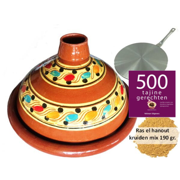 Tajine set inductie, 4-8 pers tajine, 190 gr kruiden, kookboek, inductie adapter