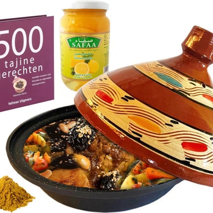 Complete luxe tajine cadeaupakket. -kookboek-kruiden-ingelegde citroenen