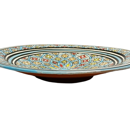 Schaal aardewerk 35 cm turquoise blauw met verschillende kleuren