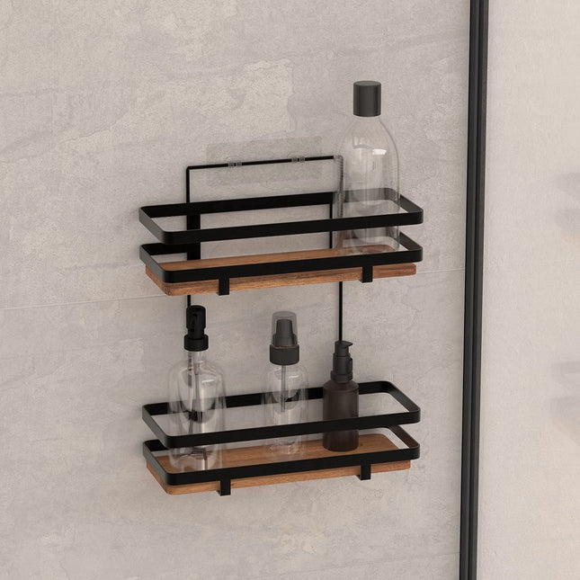 Badkamer douche rekje organizer - zwart metaal/acacia hout - zuignappen - 25 x 15 x 30 cm