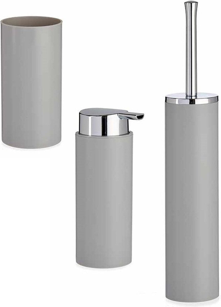 Badkamerset toiletborstel, zeeppompje en beker – kunststof, grijs of beige – foto 4