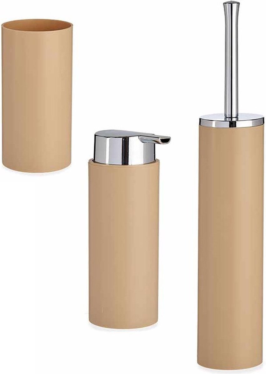 Badkamerset toiletborstel, zeeppompje en beker – kunststof, grijs of beige – foto 6