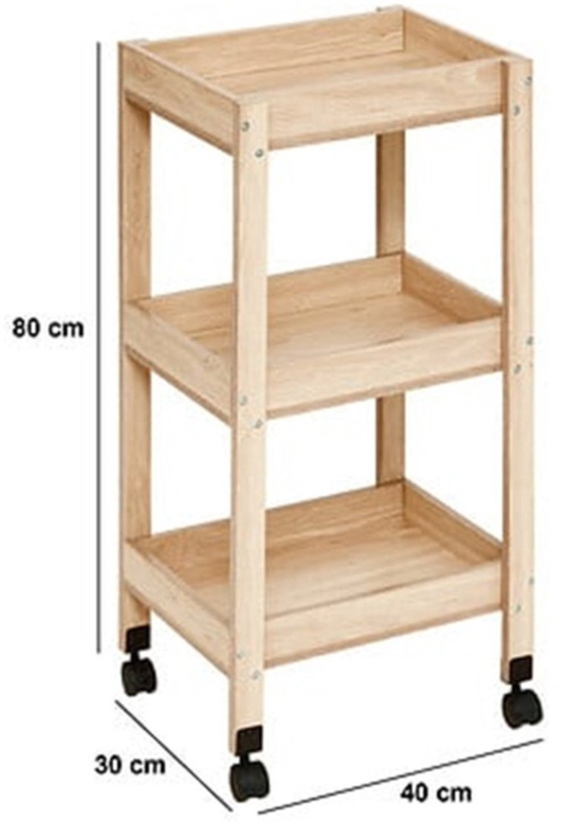 5Five Chariot de cuisine/salle de bain 3 niveaux - L40 x P30 x H80 cm - naturel - bois PP - avec roues - paniers de rangement