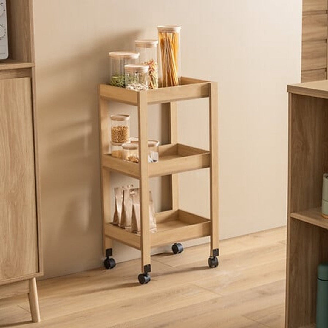 5Five Chariot de cuisine/salle de bain 3 niveaux - L40 x P30 x H80 cm - naturel - bois PP - avec roues - paniers de rangement