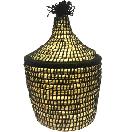 Raffia mand met deksel zwart