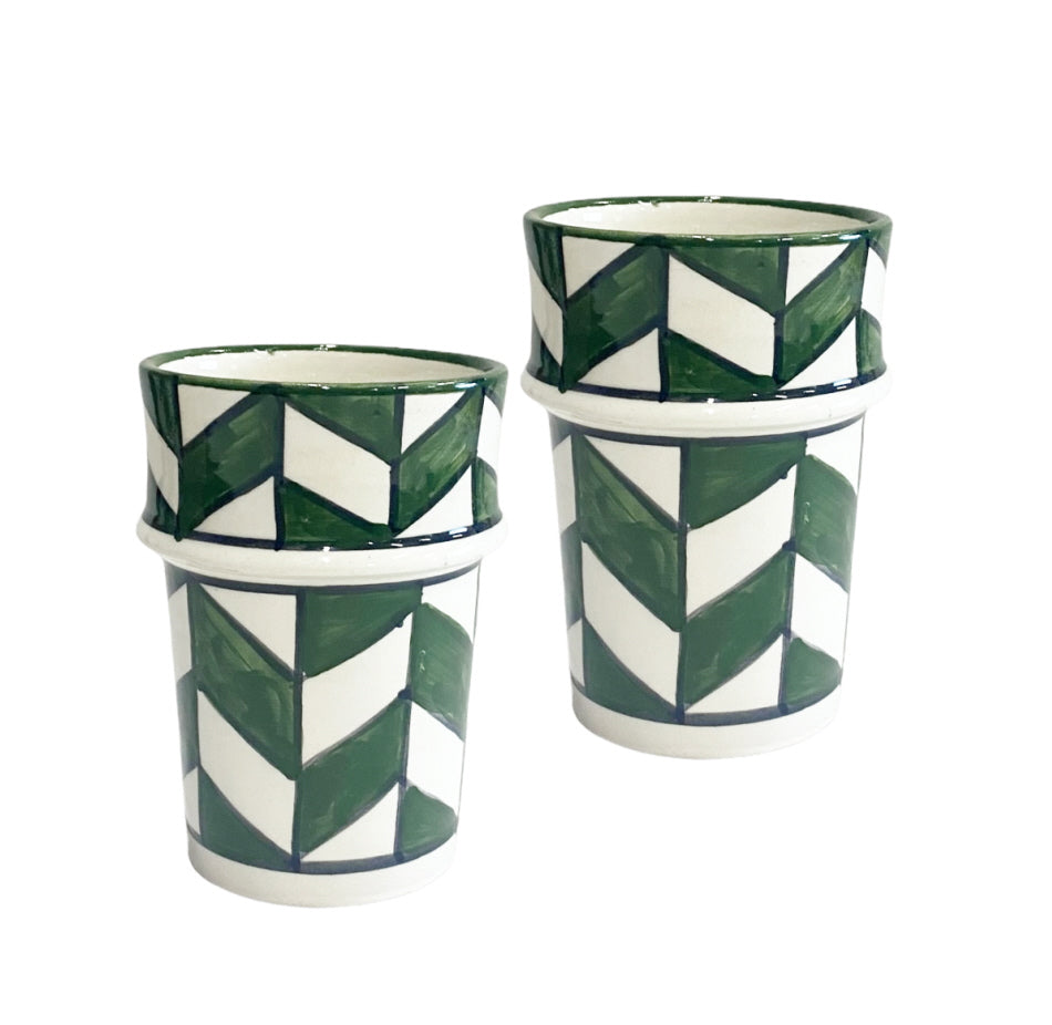 2 Moroccan coffee cups with green pattern