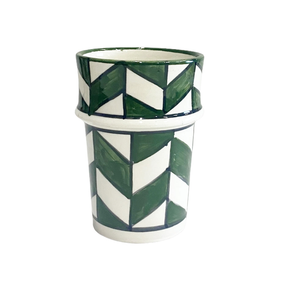 2 Moroccan coffee cups with green pattern