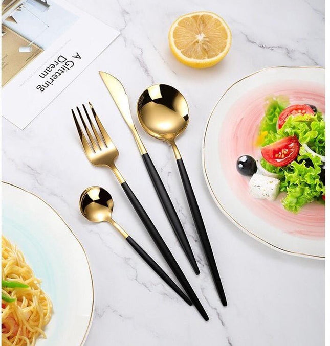 24 Delig Bestek set Goud zwart  | 6 Persoons | Mes Vork Lepel