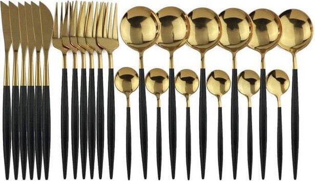 24 Delig Bestek set Goud zwart  | 6 Persoons | Mes Vork Lepel