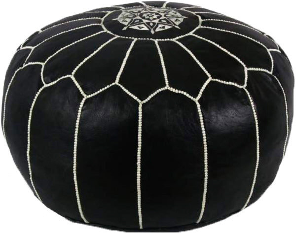 Marokkanischer Leder-Pouf Schwarz mit weißer Stickerei – Handgefertigt in Marrakesch
