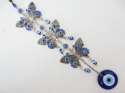 blauwe boze oog hanger met 3 vlinders