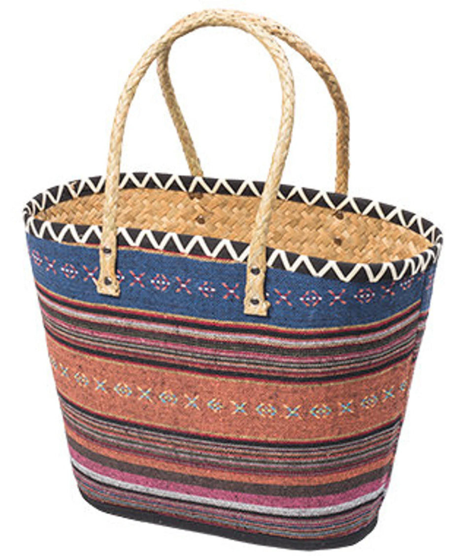 Sac de courses en feuille de palmier, rayure bleu corail - fait à la main