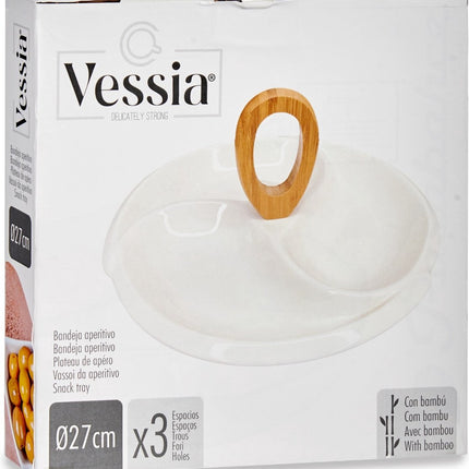 Nootjes/Borrel hapjes/Snacks/Chips serveer schaal/plateau keramiek/bamboe met 27 cm diameter