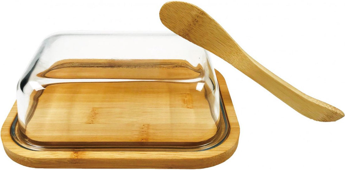 Butter dish - bamboo and glass - with bamboo knife