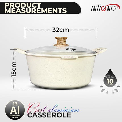 INTIGNIS® Braadpan met Deksel – 32 cm (10 liter) – GREBLON Keramische Antiaanbaklaag – Geschikt voor Inductie, Gas & Elektrisch – Inclusief Glasdeksel - Wit