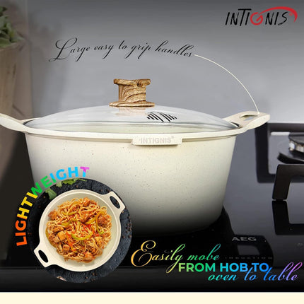 INTIGNIS® Braadpan met Deksel – 32 cm (10 liter) – GREBLON Keramische Antiaanbaklaag – Geschikt voor Inductie, Gas & Elektrisch – Inclusief Glasdeksel - Wit