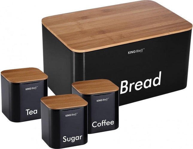 Broodtrommel set - zwart - rvs met hout - 35x21x25 cm