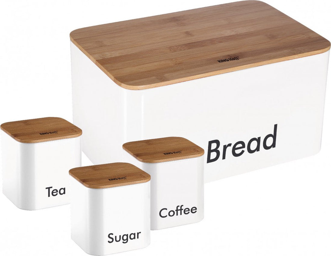 Ensemble boîte à pain - Blanc - Acier inoxydable avec bois - 35 x 23 x 18,5 cm