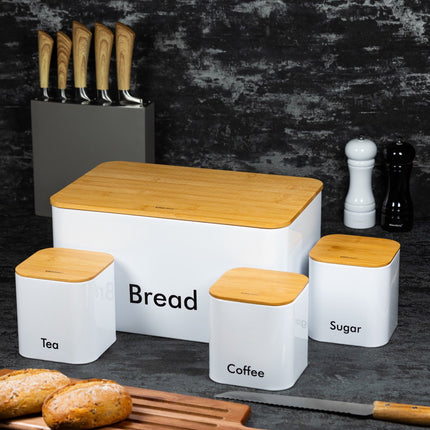 Broodtrommel set - Wit - Rvs met hout - 35x23x18,5 cm