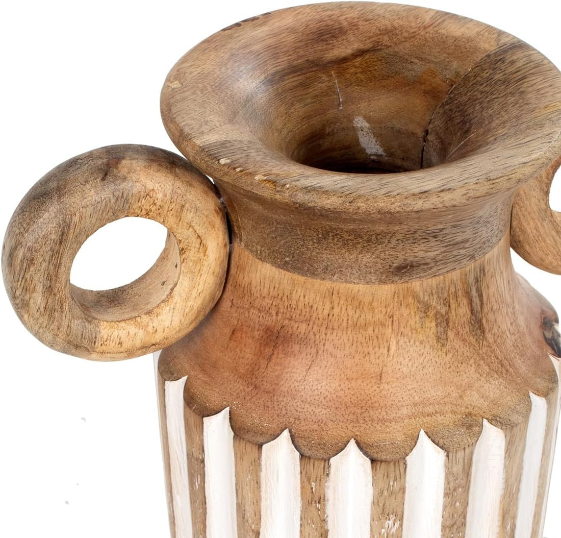 Brown wooden vase with white carvings - 29 cm