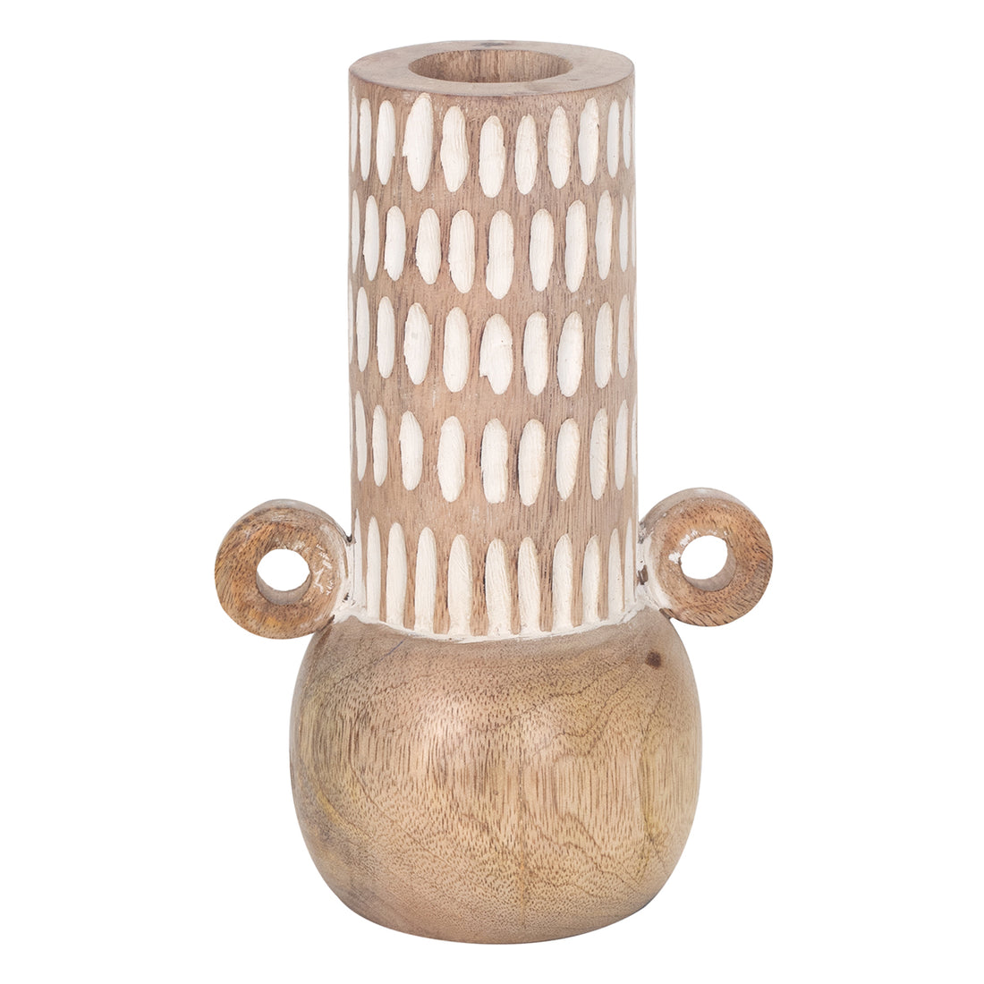 Bruine houten vaas met wit snijwerk – decoratieve vaas, 20 cm hoog – foto 2