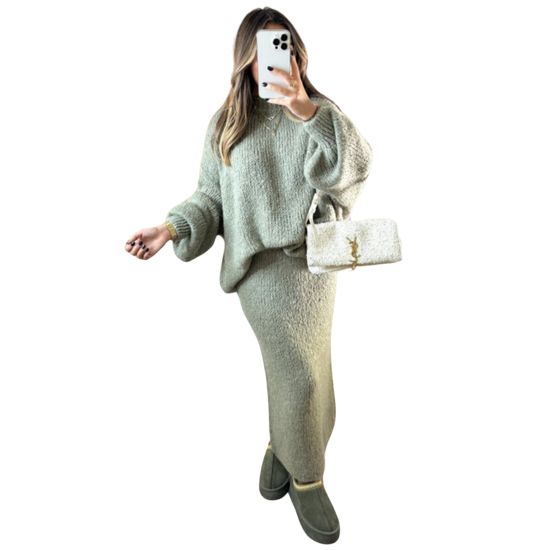 Ensemble Amaya – Pull oversize et jupe longue – 100 % laine