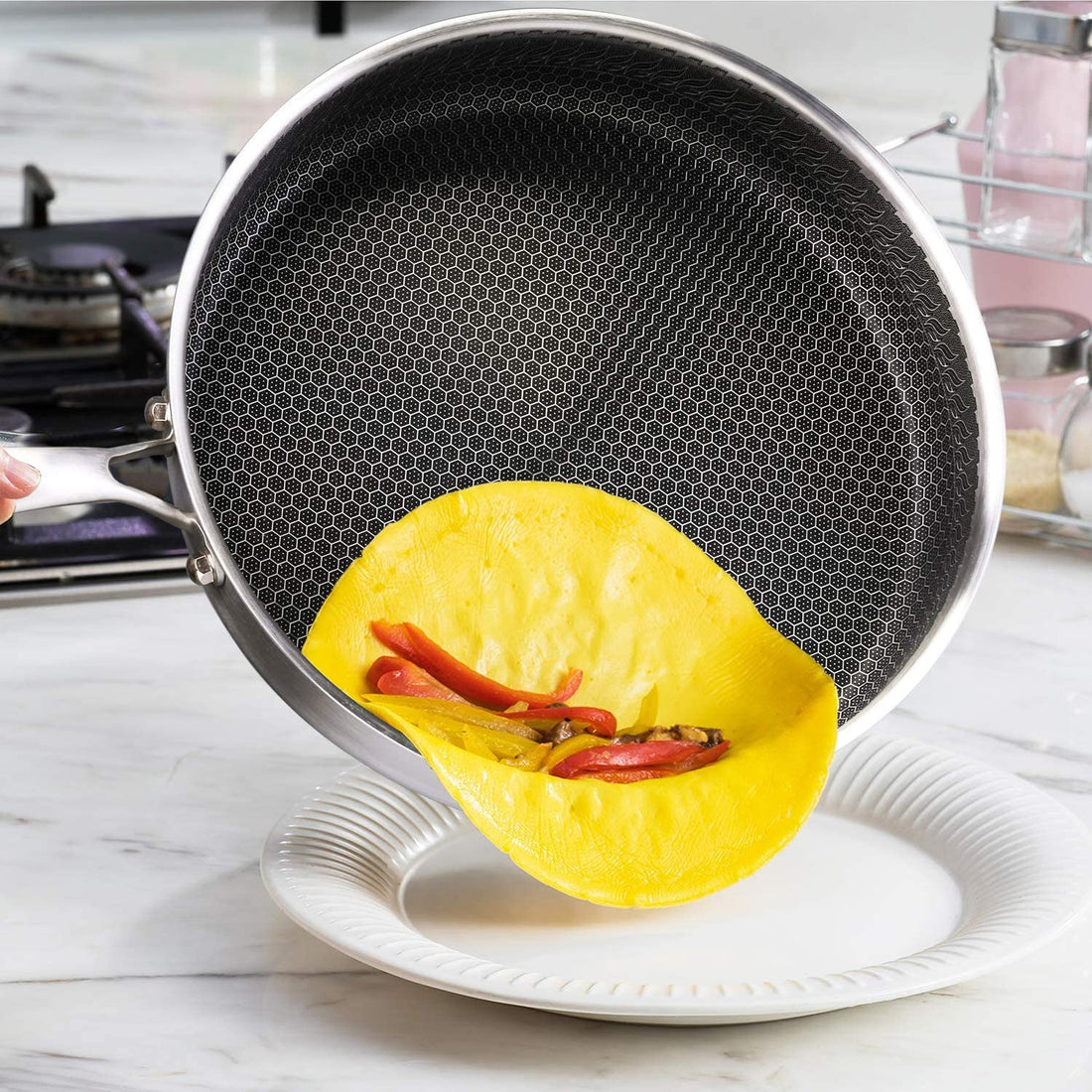 Cainfy stainless steel non-stick frying pan with lid 30 cm - Honeycomb heavy-duty non-stick - Dishwasher and oven safe