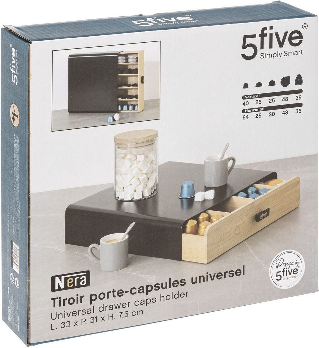 Capsule houder met lade van 5Five – metaal zwart en bamboe, 33 x 31 x 8 cm – foto 3