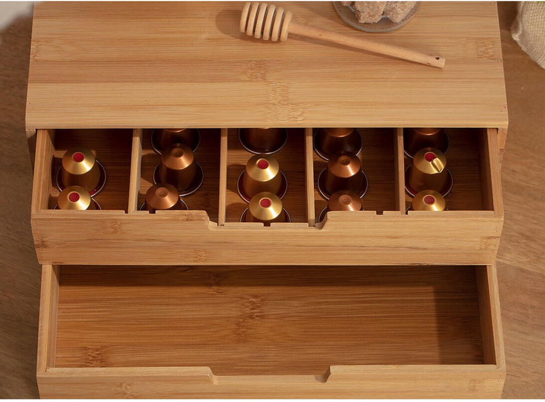 Support à capsules Bambou - 2 Tiroirs - Boîte à thé - Boîte de rangement