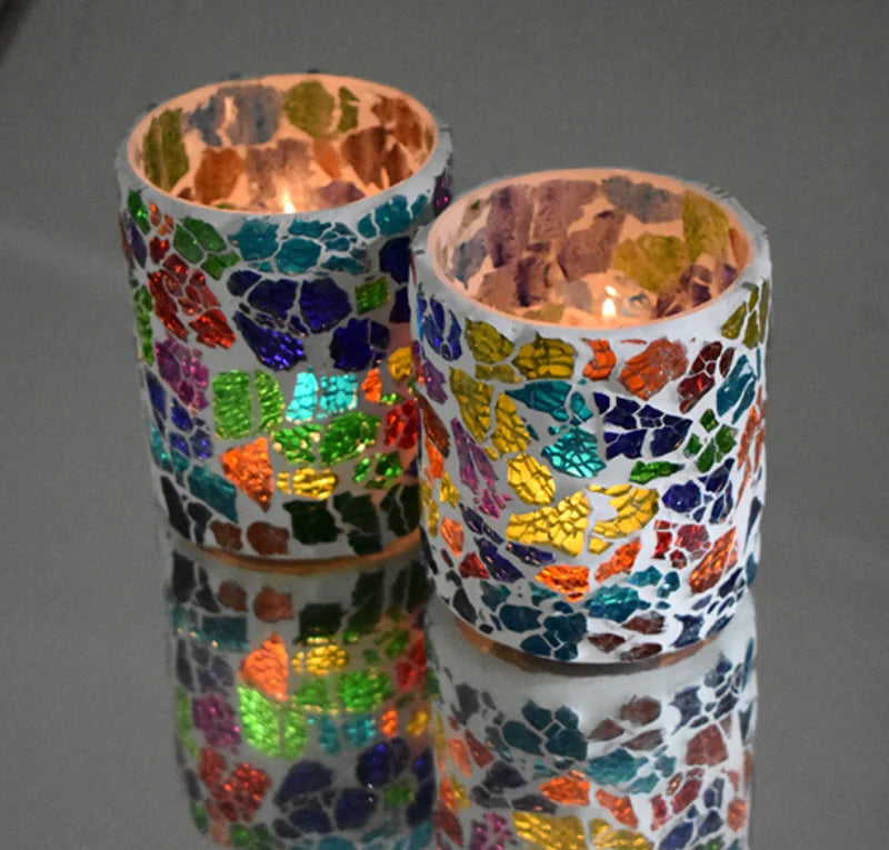 Crackled glass tea light holder cylinder - multi-colour - 2 pieces