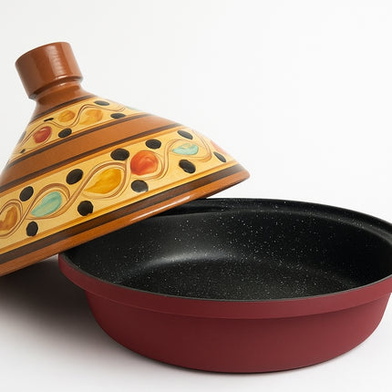 Tajine 30 cm – Handgemaakt Aardewerk & Aluminium – Traditioneel Marokkaans – Rood/Bont