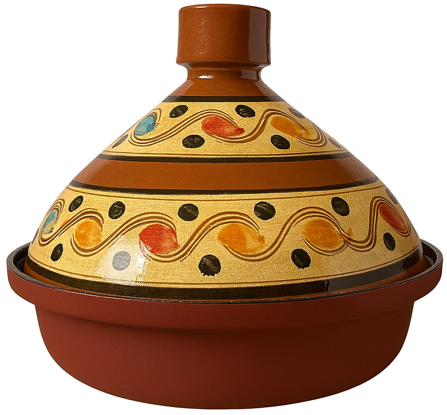 Tajine 30 cm van aardewerk en aluminium – handbeschilderd deksel, rood/bont – foto 5