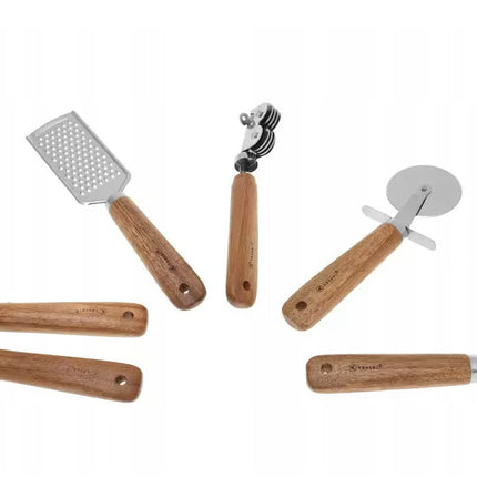 Kassel 5-delige set keukenaccessoires, roestvrij staal, acacia hout
