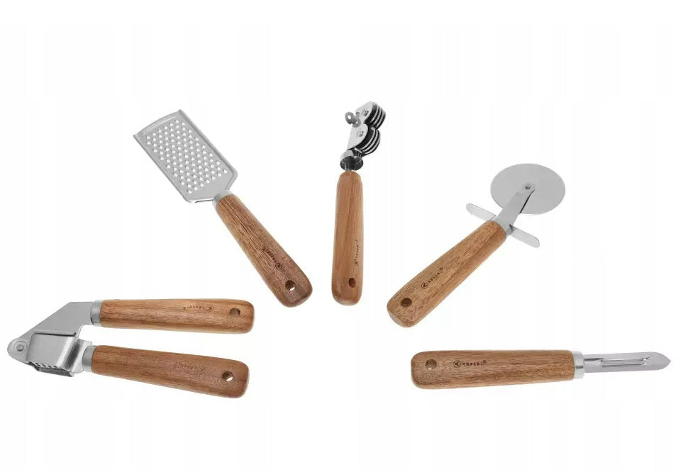 Kassel 5-piece kitchen accessory set, stainless steel, acacia wood