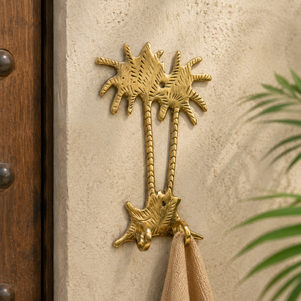 Handgemaakte Palmboom Kapstok met 2 Haken – Messing – Wandhaak – 20 x 11 cm – Marokkaans Design