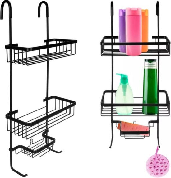 Malatec Doucherek 3 laags - Monteren zonder boren - Zwart - zuignap - Ook voor grote flessen - Opbergrek Douche - 3 etages