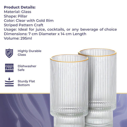 Ripple longdrinkglazen - Goude rand - 6 Delig Set -295 ml - Stapelbaar
