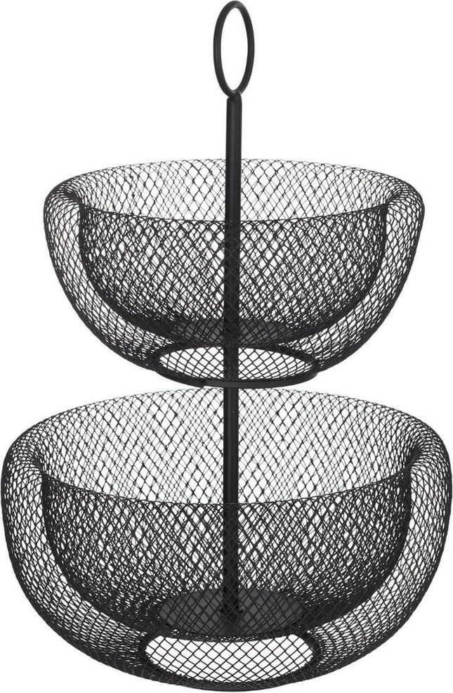 Dubbele etagere fruitschaal/fruitmand rond zwart metaal