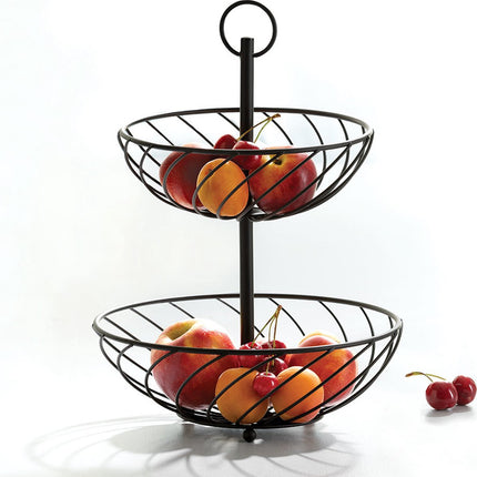Dubbele etagere fruitschaal/fruitmand rond zwart metaal 27 x 39 cm