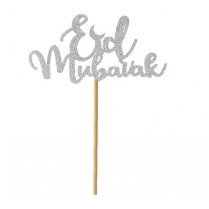 Taarttopper Eid Mubarak glitter- Zilver (6 stuks)