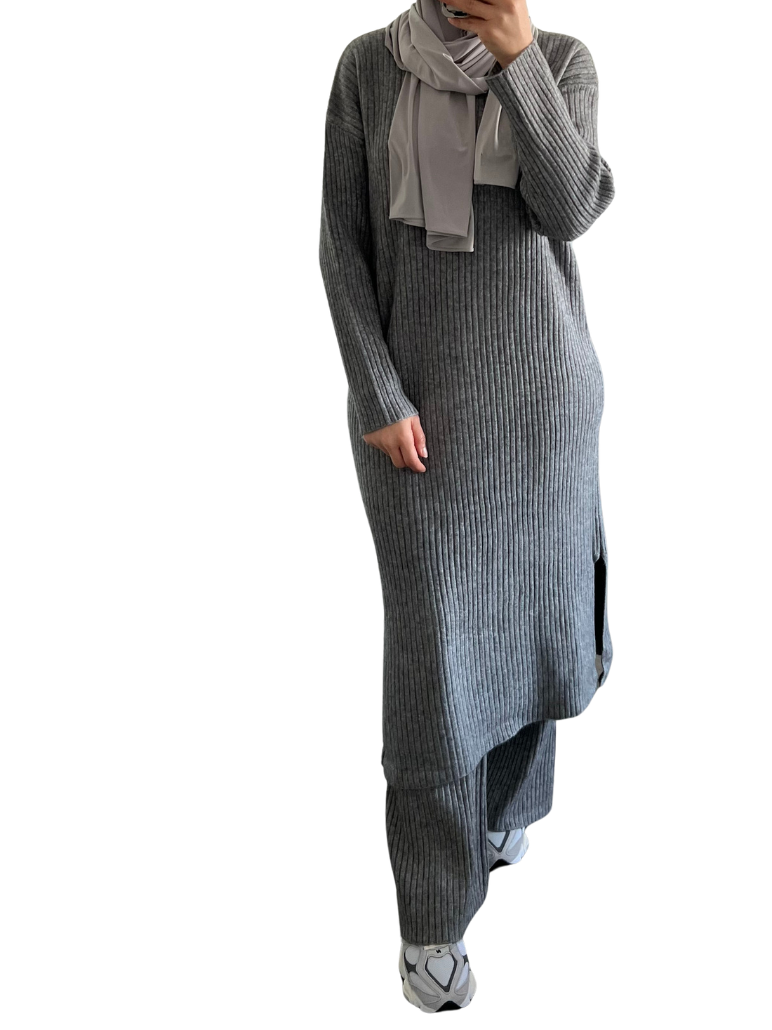 Lisa twinset – ribgebreide midi-jurk met wide leg broek, grijs of antraciet – foto 5