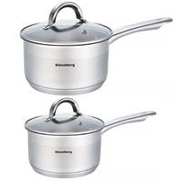 2 x steelpan / sauspan - steelpan met glazen deksel - Ø12 en Ø14 cm - RVS - 0,5 liter en 1 liter