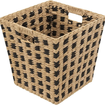Gevlochten rieten opbergmand - vierkant - beige/zwart 31x31x31 cm