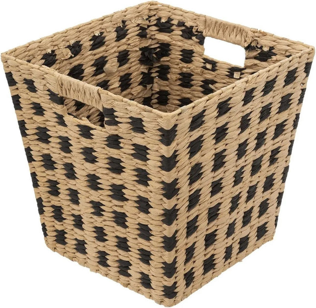 Gevlochten rieten opbergmand - vierkant - beige/zwart 31x31x31 cm